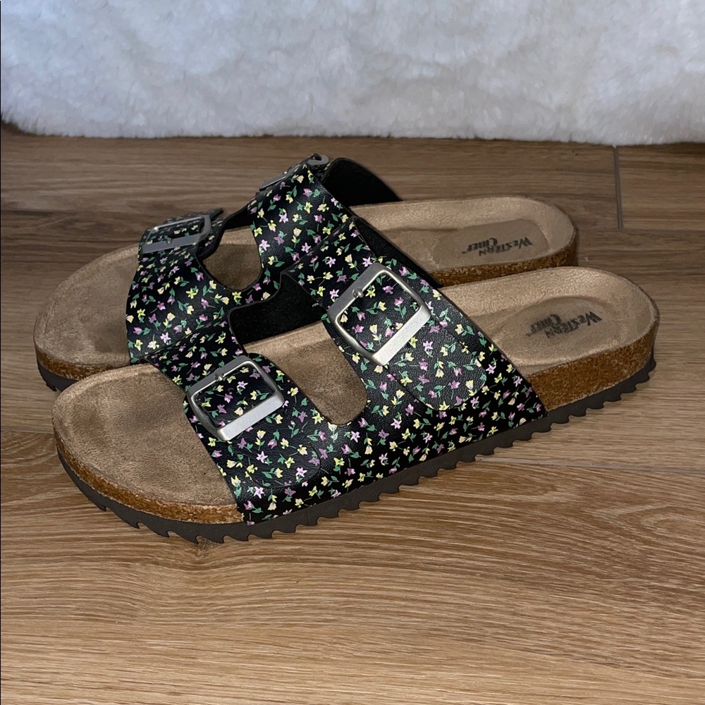 Western Chief Sophia Slide Buckle Sandals Black Flowers
